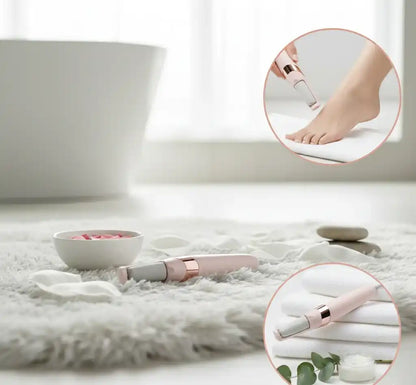 Foot care device on a white surface with close-up insets of use.