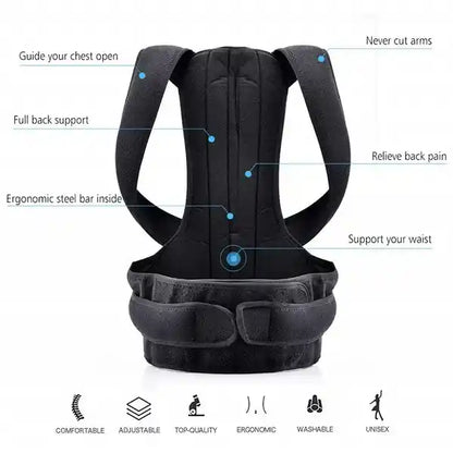 Black back support brace with features labeled on a white background