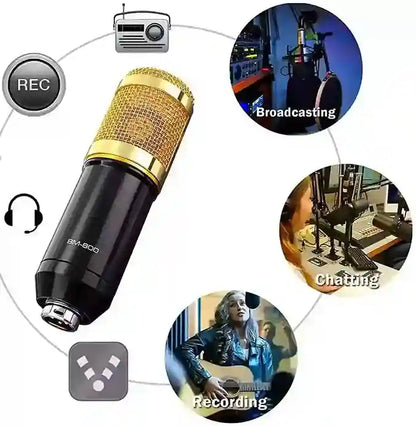 Gold and black microphone with icons and text indicating uses like broadcasting, chatting, and recording.