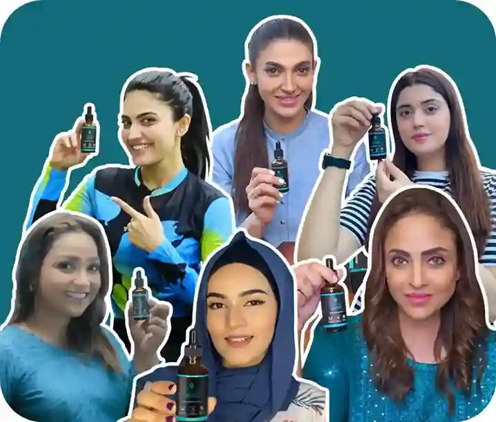 Collage of women holding and pointing to a bottle against a teal background