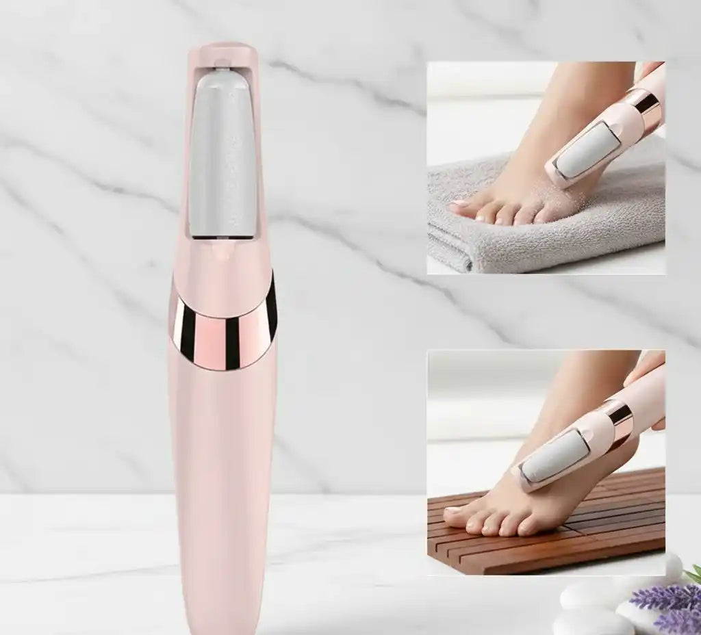 Pink foot care device with close-up images of use on feet.