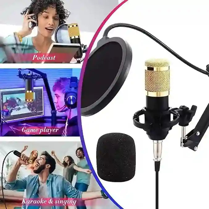 Microphone with pop filter and studio setup images including podcast, gaming, and karaoke.