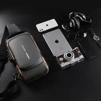 Collection of electronic devices including a camera, phone, and watch on a dark surface.