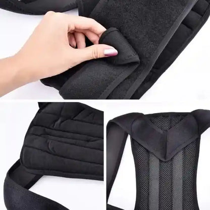 Black back support belt with a hand adjusting it on a white background