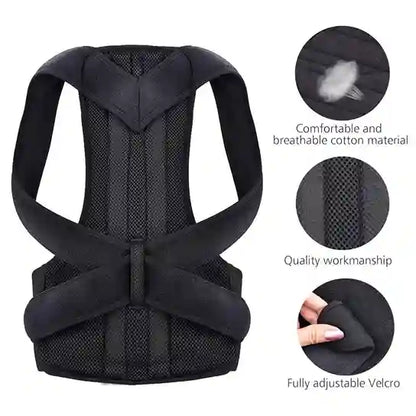Black posture corrector with material and adjustability details on a white background