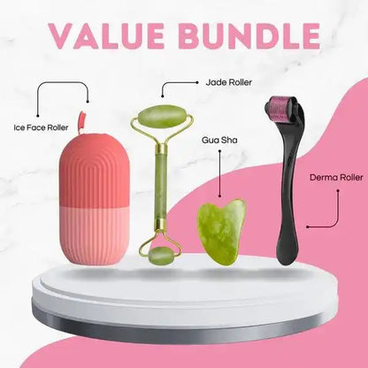 Set of skincare tools including Ice Face Roller, Jade Roller, Gua Sha, and Derma Roller on a pink and white background with 'VALUE BUNDLE' text.