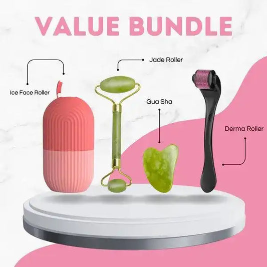 Set of skincare tools including Ice Face Roller, Jade Roller, Gua Sha, and Derma Roller on a pink and white background with 'VALUE BUNDLE' text.