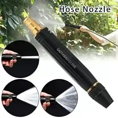 Hose nozzle with different spray patterns shown, used for gardening.