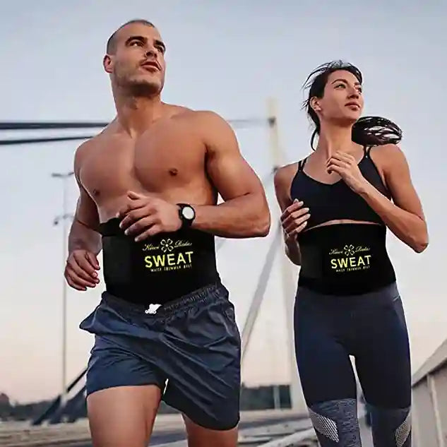 Two people wearing black 'SWEAT' waist trainers outdoors.