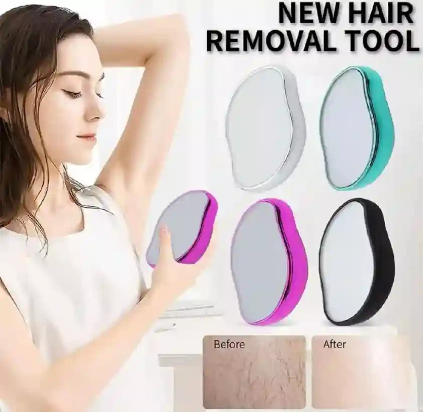 Woman using a hair removal tool with color options displayed on a white background