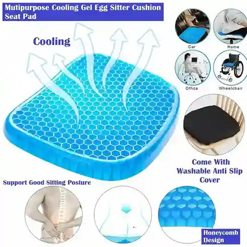 Blue cooling gel egg sitter cushion with honeycomb design, shown with various usage scenarios.