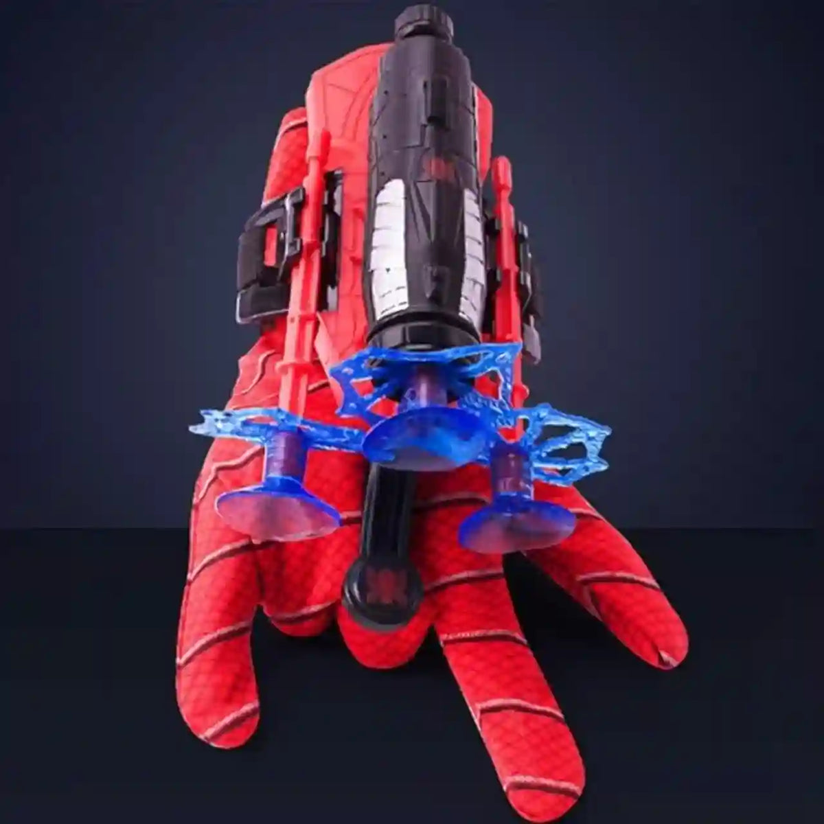 Red and black glove with blue mechanical components on a dark background