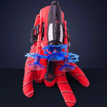 Red and black glove with blue mechanical components on a dark background