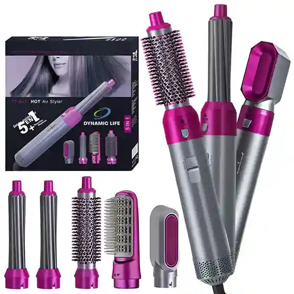Set of hair styling tools with pink and silver design, including a box labeled 'Dynamic Life'.