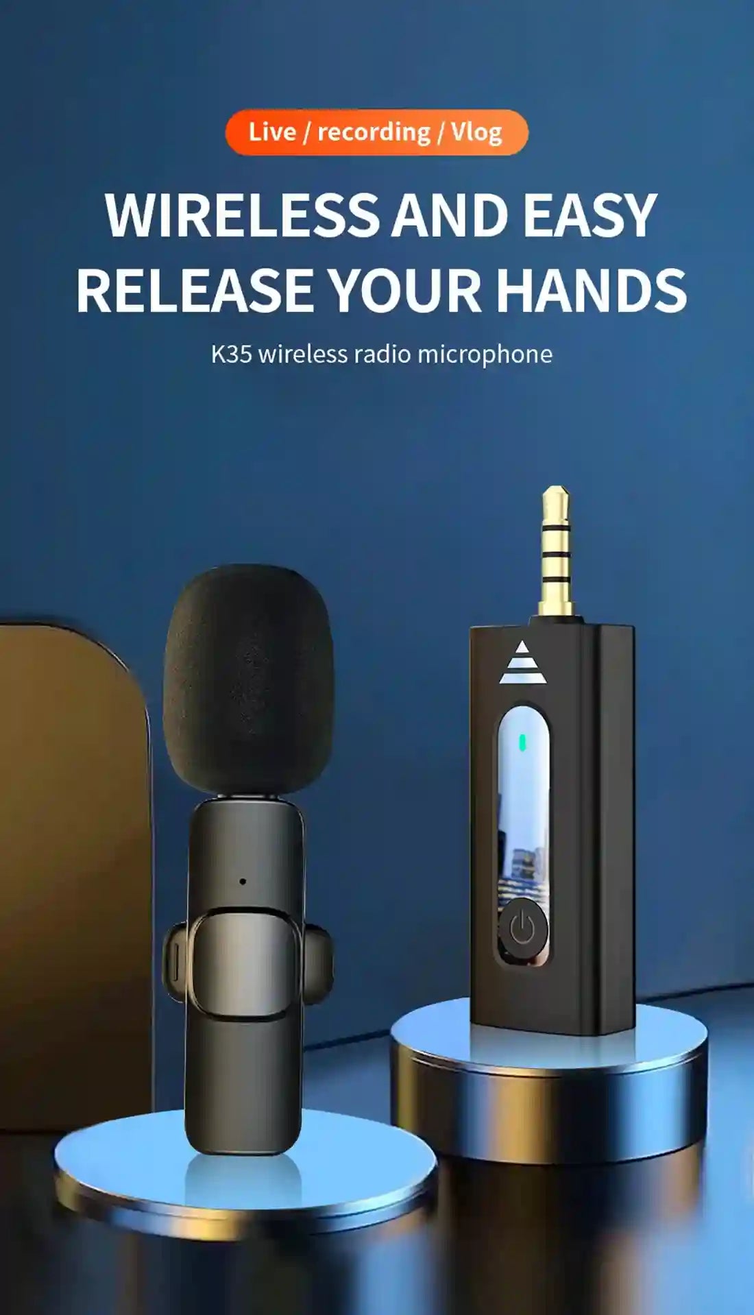 K35 wireless radio microphone with receiver on a blue background