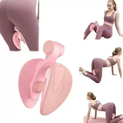 Pink exercise device with images of a woman using it on a white background