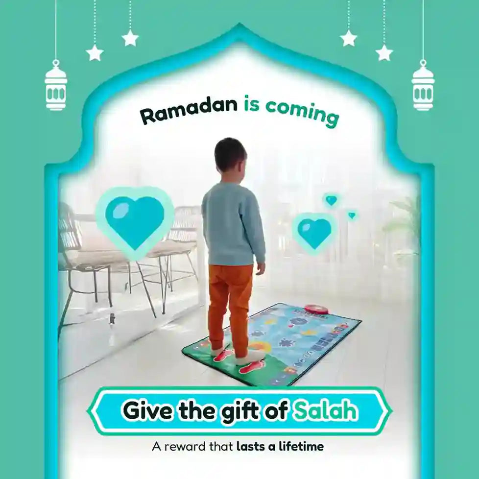 Promotional image for a Ramadan product with a child on a prayer mat, text 'Ramadan is coming' and 'Give the gift of Salah'.