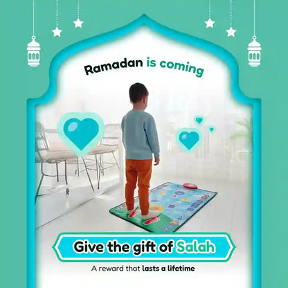 Promotional image for a Ramadan product with a child on a prayer mat, text 'Ramadan is coming' and 'Give the gift of Salah'.