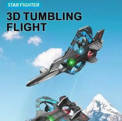 Toy starfighter with 3D tumbling flight feature against a blue sky with clouds and mountain background.