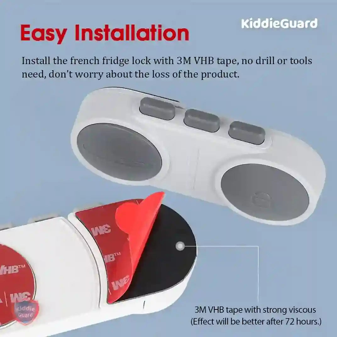 KiddieGuard French fridge lock with 3M VHB tape on a blue background