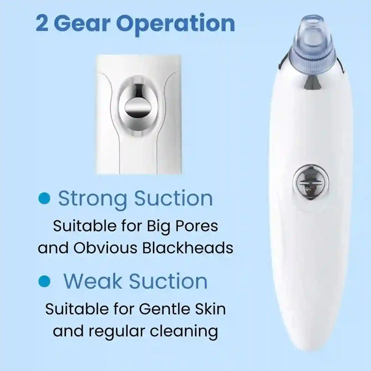 White blackhead removal device with text on a blue background