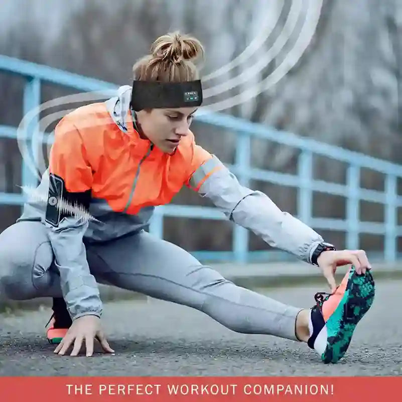 Person stretching outdoors with text 'The Perfect Workout Companion!'