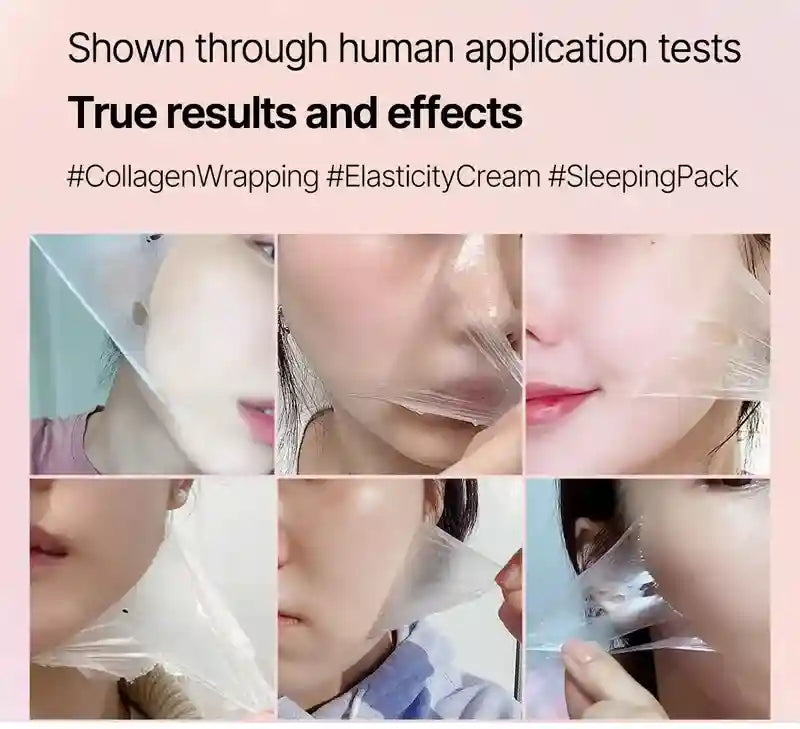 Collagen wrapping application on a person's face with text about human application tests and results.
