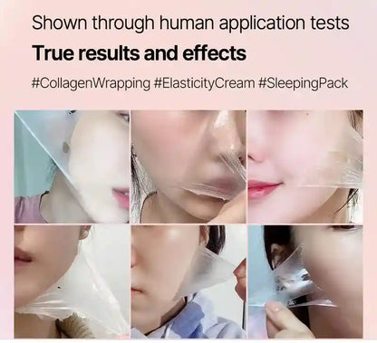 Collagen wrapping application on a person's face with text about human application tests and results.