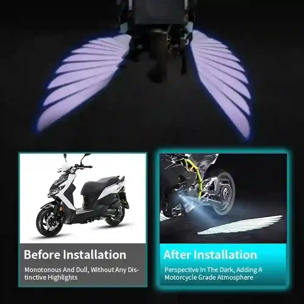 Motorcycle with wing-like light projections and before/after comparison images.