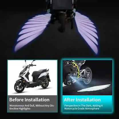Motorcycle with wing-like light projections and before/after comparison images.
