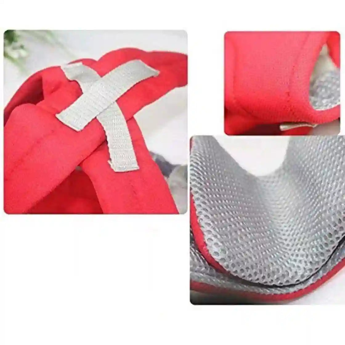 Red bag with a silver strap and mesh detail on a white background