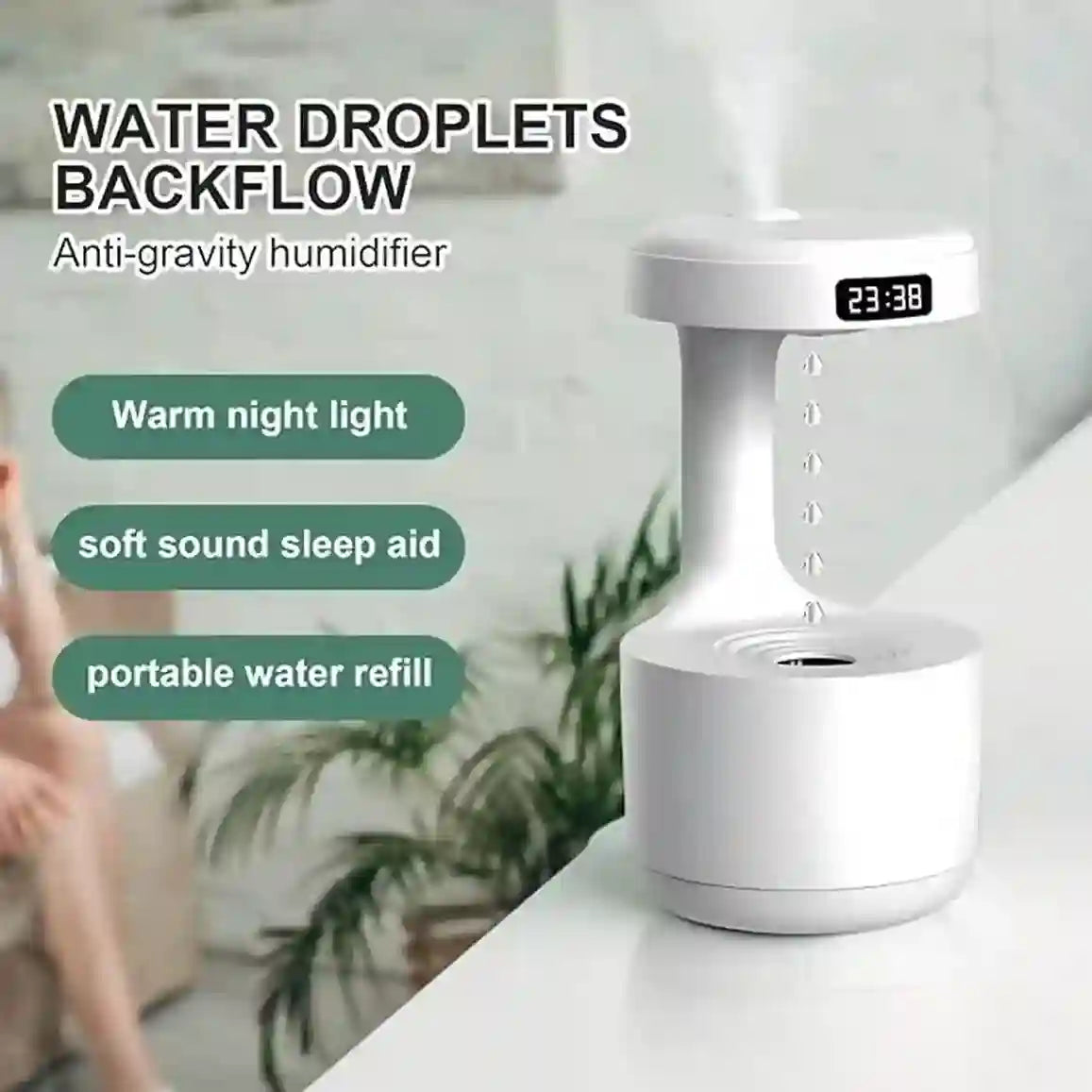 Anti-gravity humidifier with features listed on a blurred background