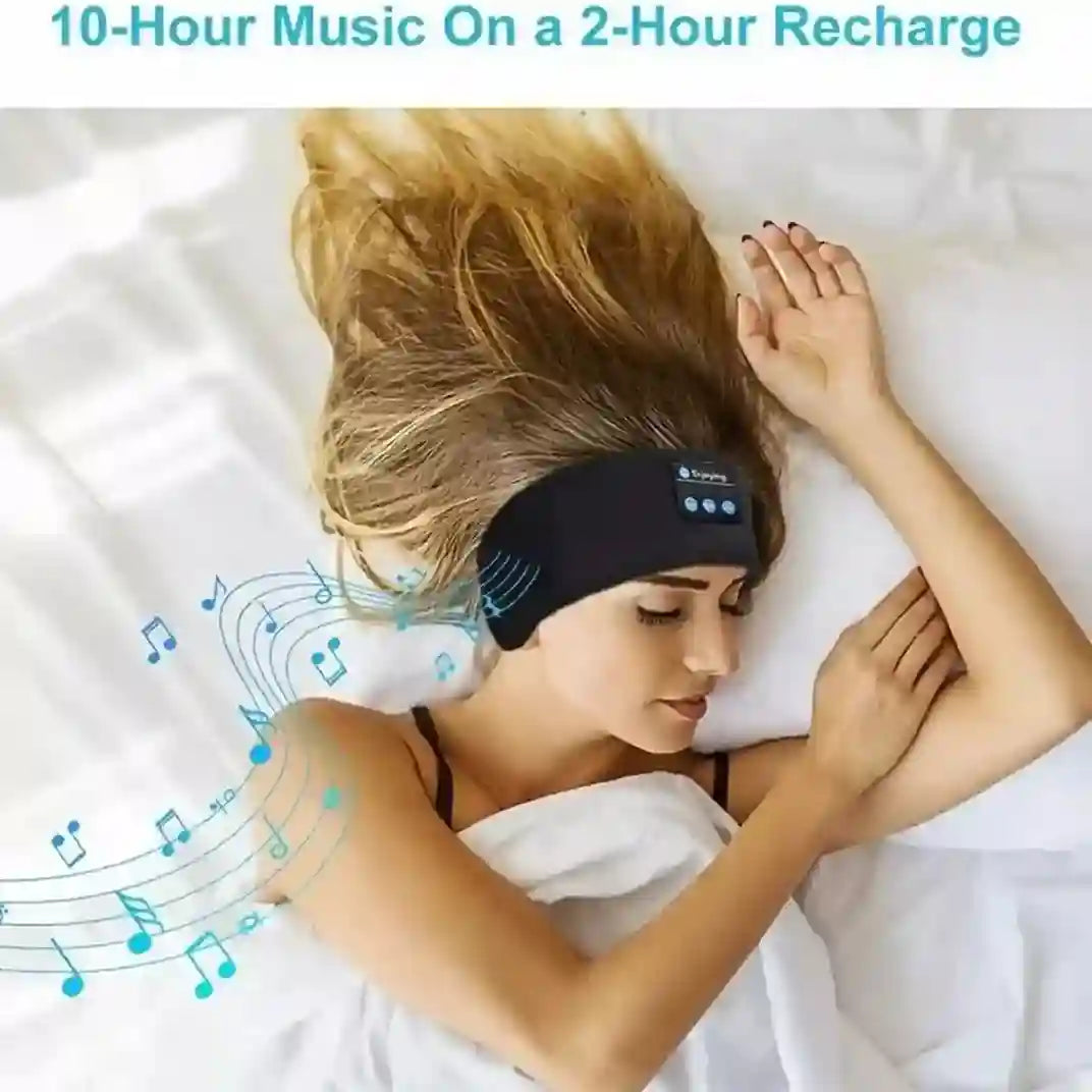 Woman wearing a black sleep mask with music notes and text about battery life on a white background