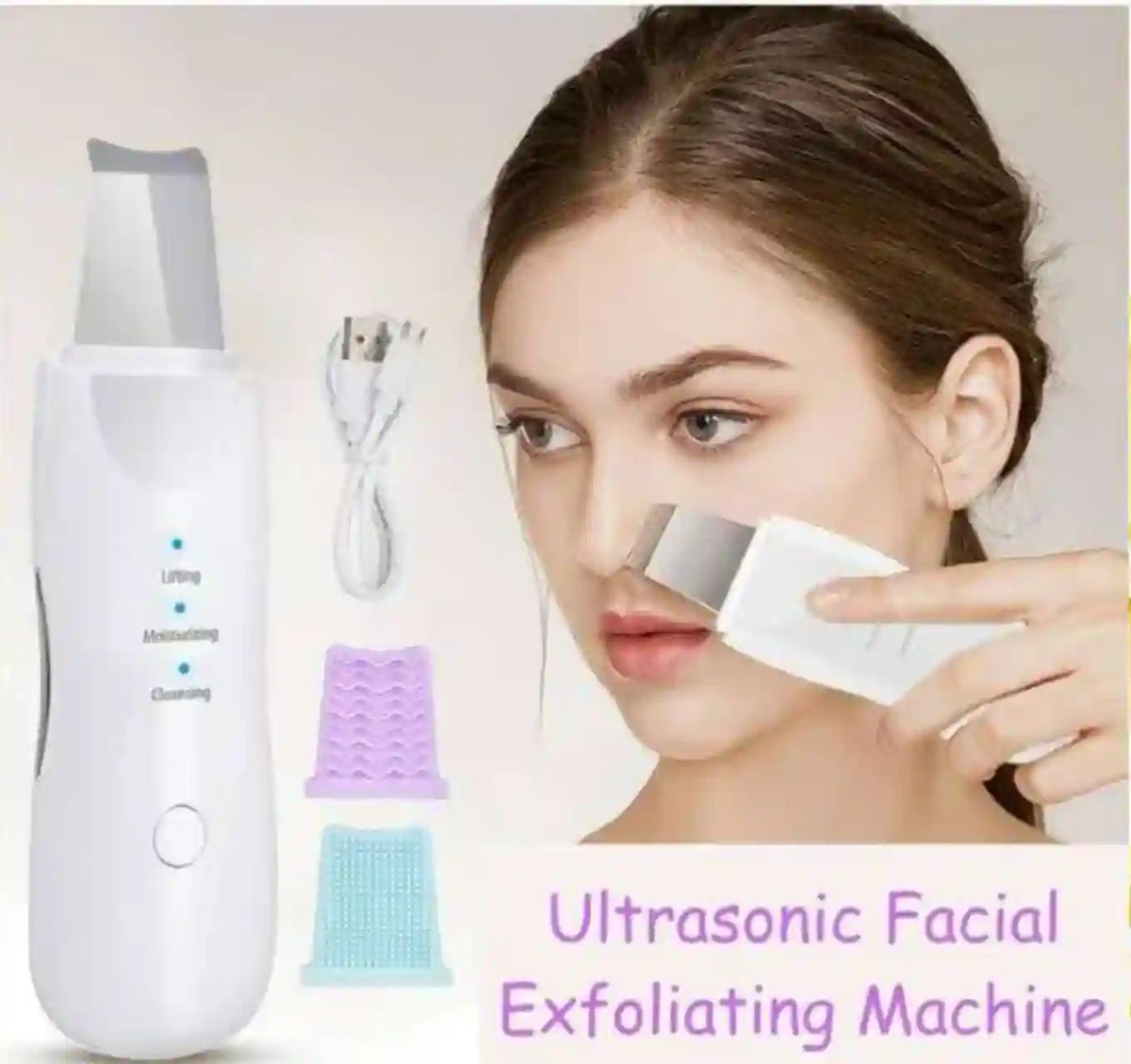 Ultrasonic facial exfoliating machine with a woman using it on her face.