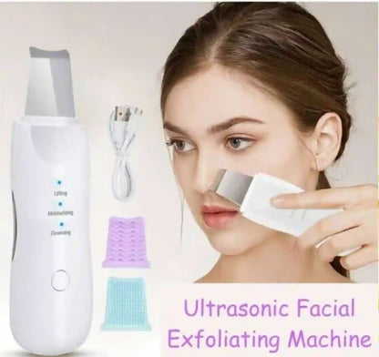 Ultrasonic facial exfoliating machine with a woman using it on her face.