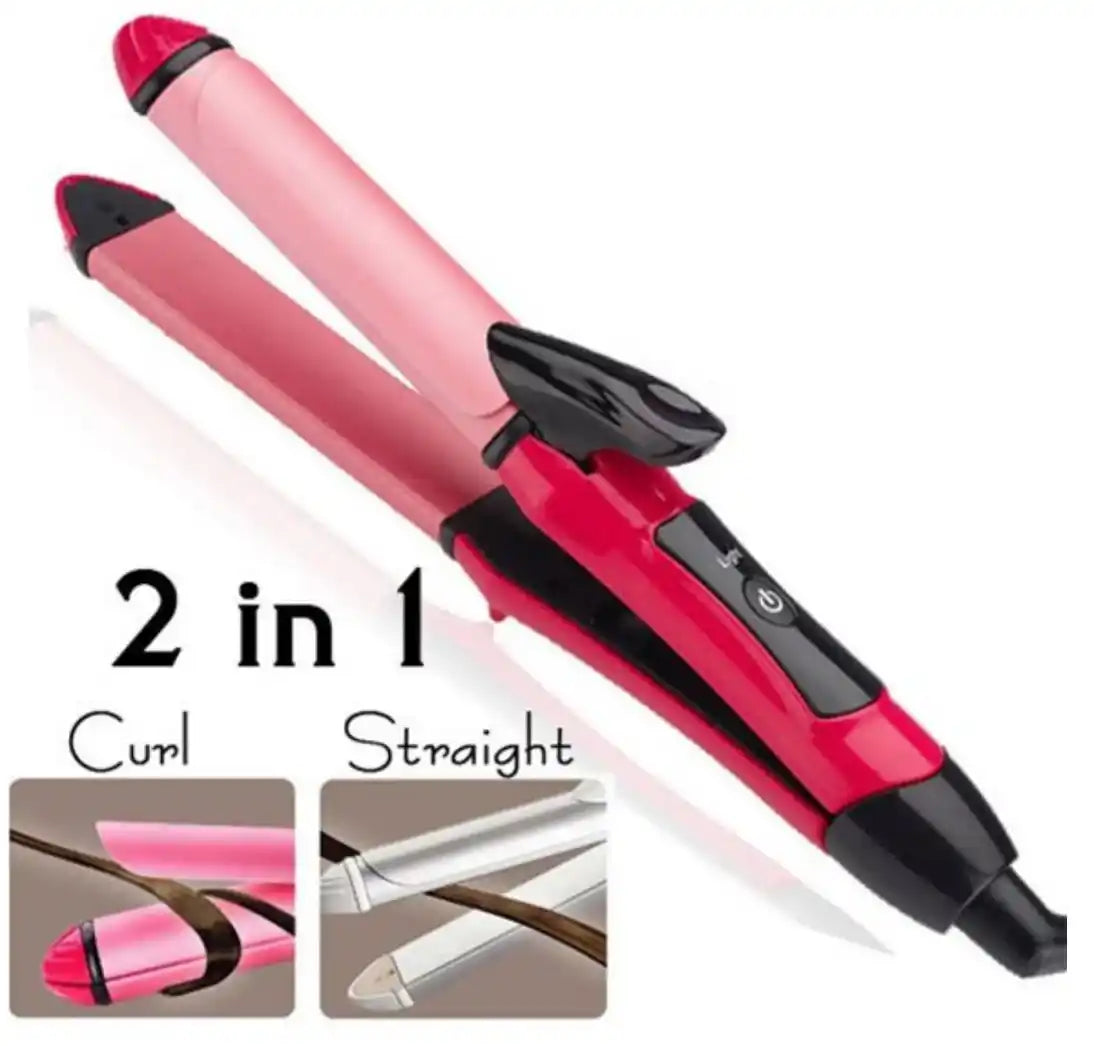Red and black 2-in-1 hair straightener and curler on a white background
