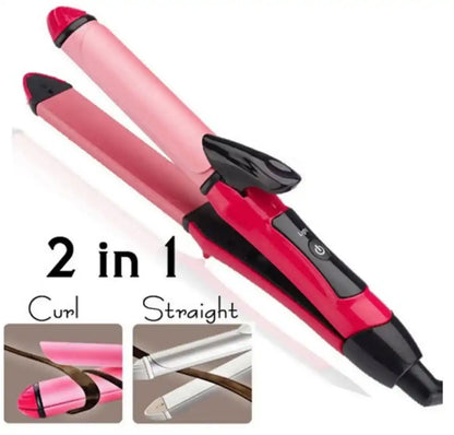 Red and black 2-in-1 hair straightener and curler on a white background