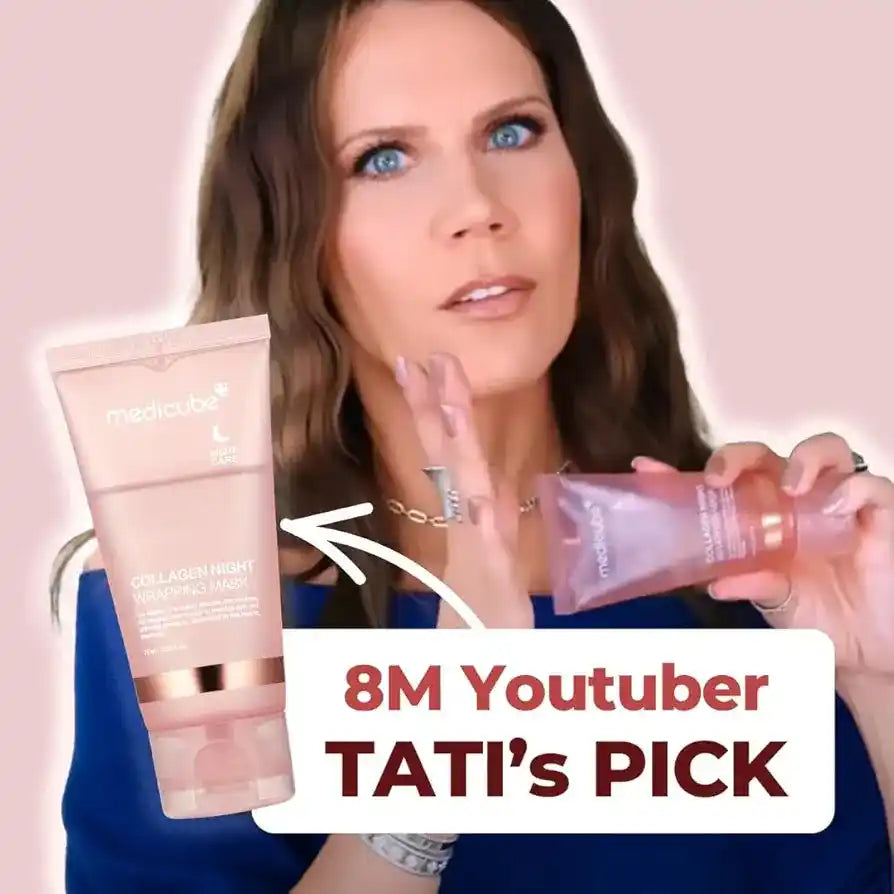 Woman holding two skincare products with '8M Youtuber TATI's PICK' text on a pink background