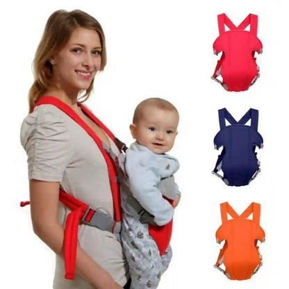 Woman holding a baby in a red baby carrier with additional carrier options displayed.