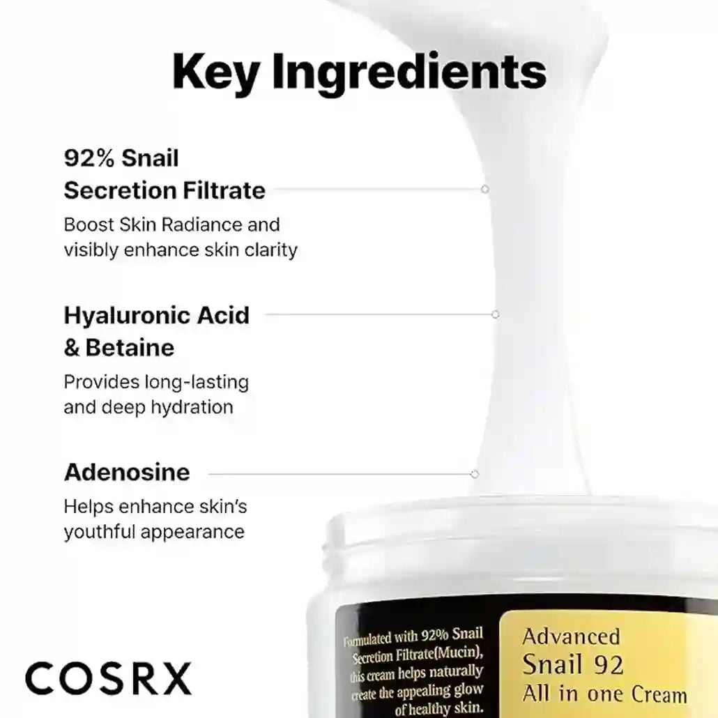 Cosrx skincare product with key ingredients listed on a white background