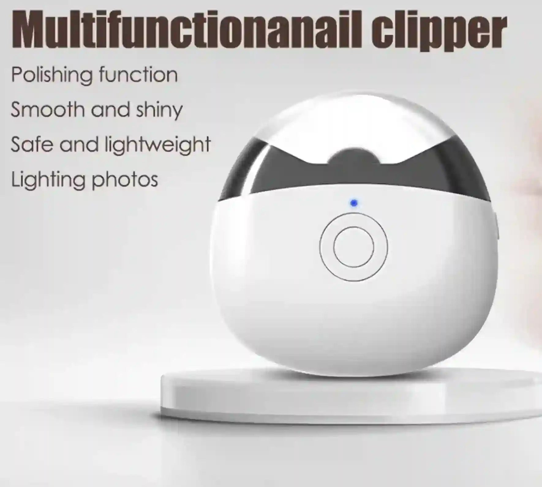 Multifunctional nail clipper on a white background with text describing its features.