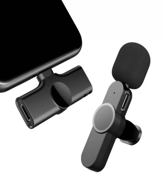 Phone clip microphone with smartphone on a white background