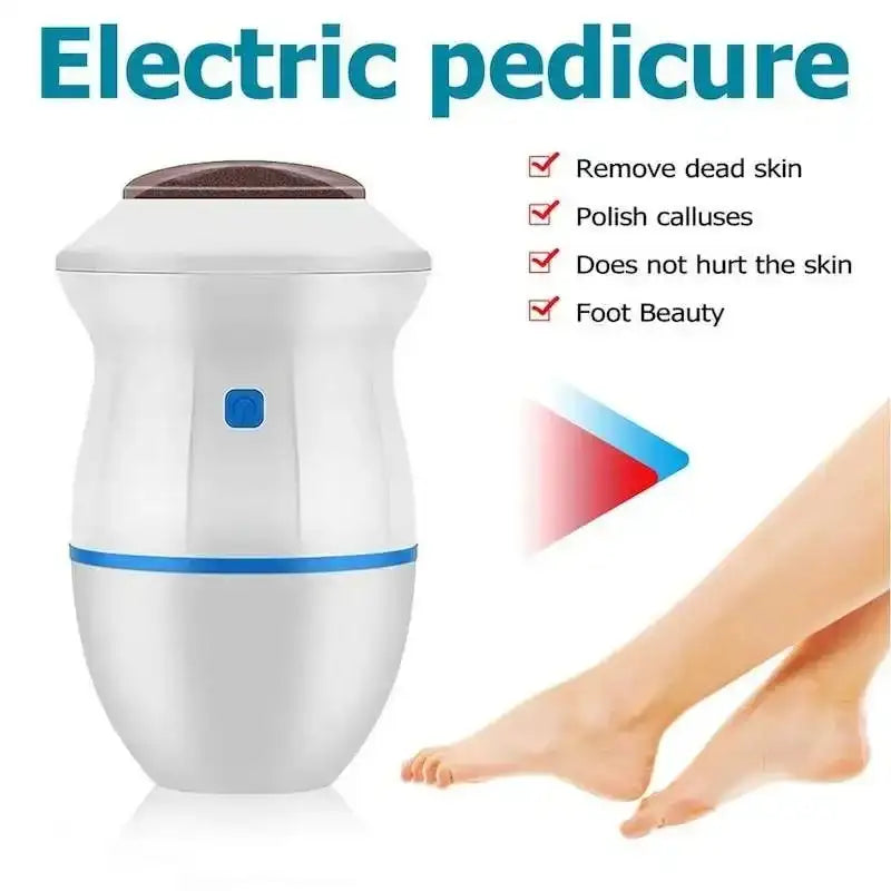Electric pedicure device with text highlighting its benefits on a white background
