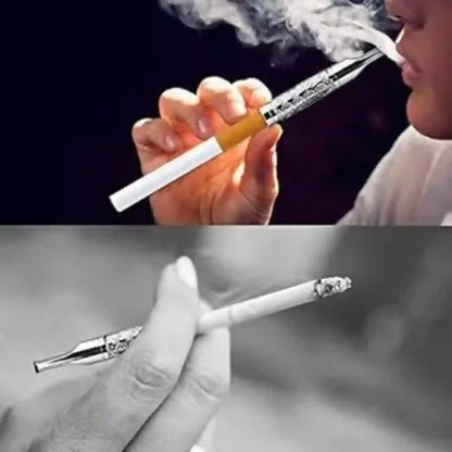 Close-up of a hand holding an electronic cigarette with smoke, followed by a black and white image of another hand holding a traditional cigarette.