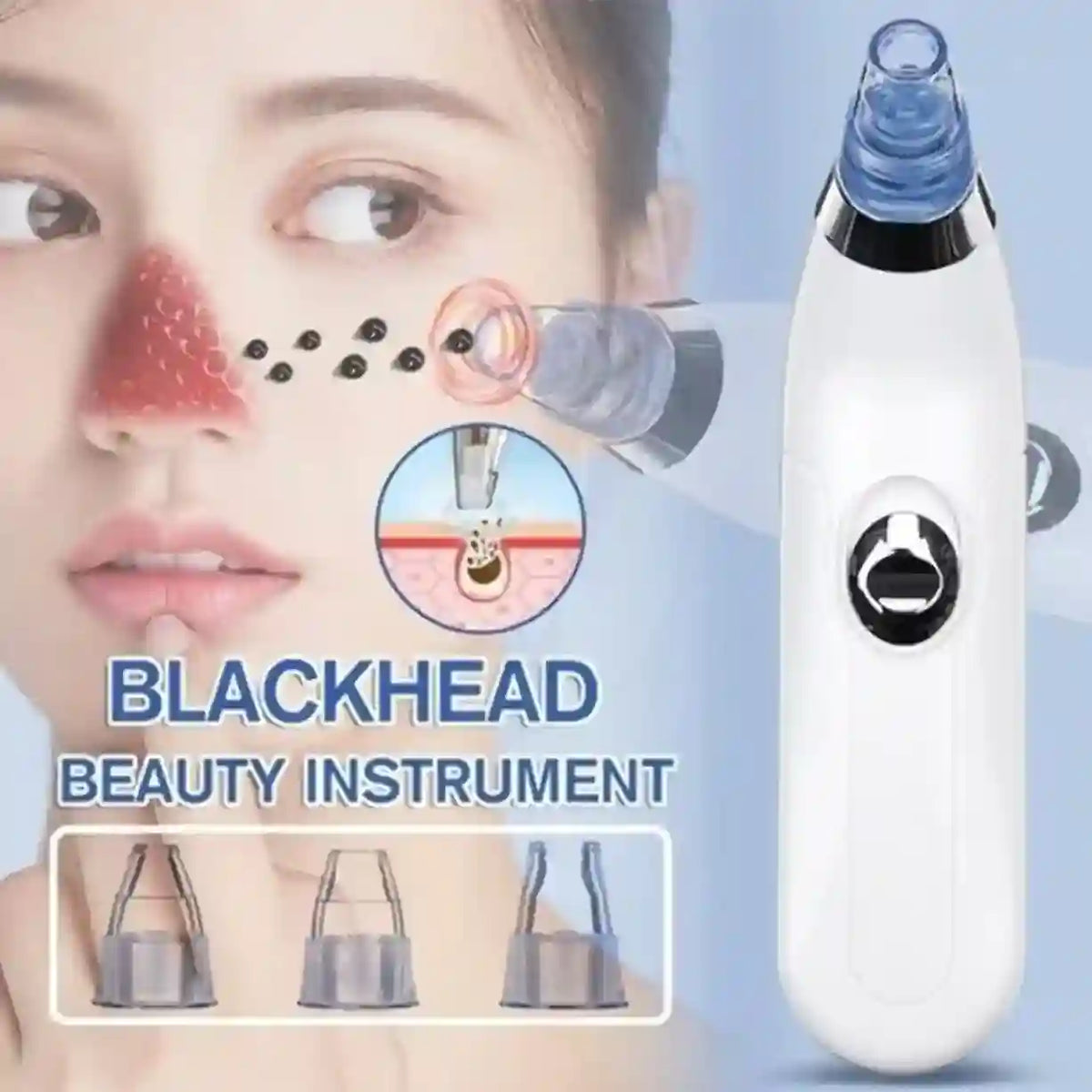 Blackhead removal tool with close-up of a nose and blackheads, on a light blue background.