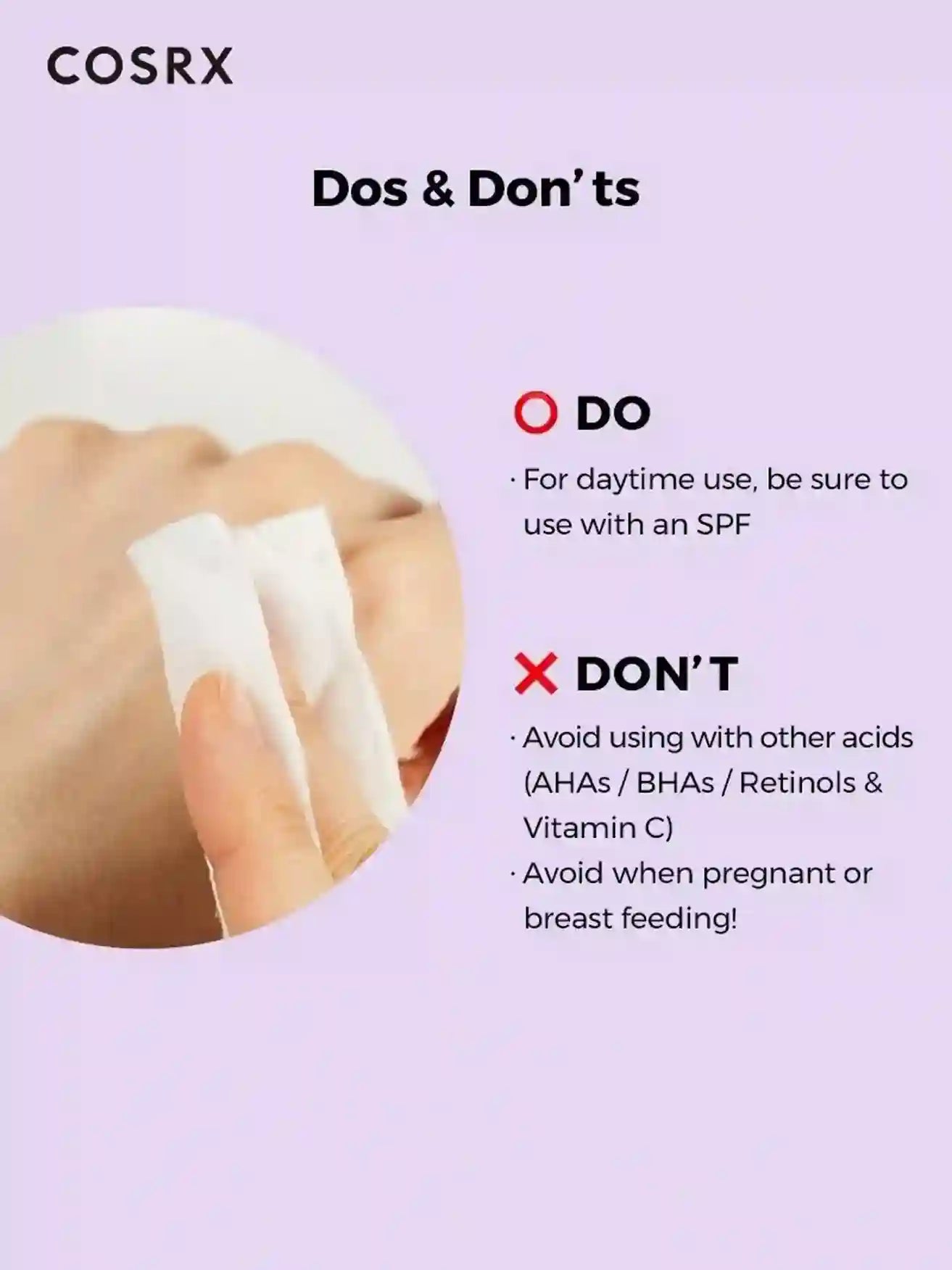 CosRX skincare product with dos and don'ts on a light purple background