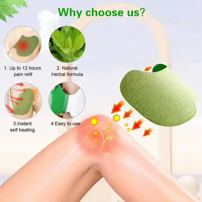 Green herbal heating pad being used on a knee with text highlighting benefits