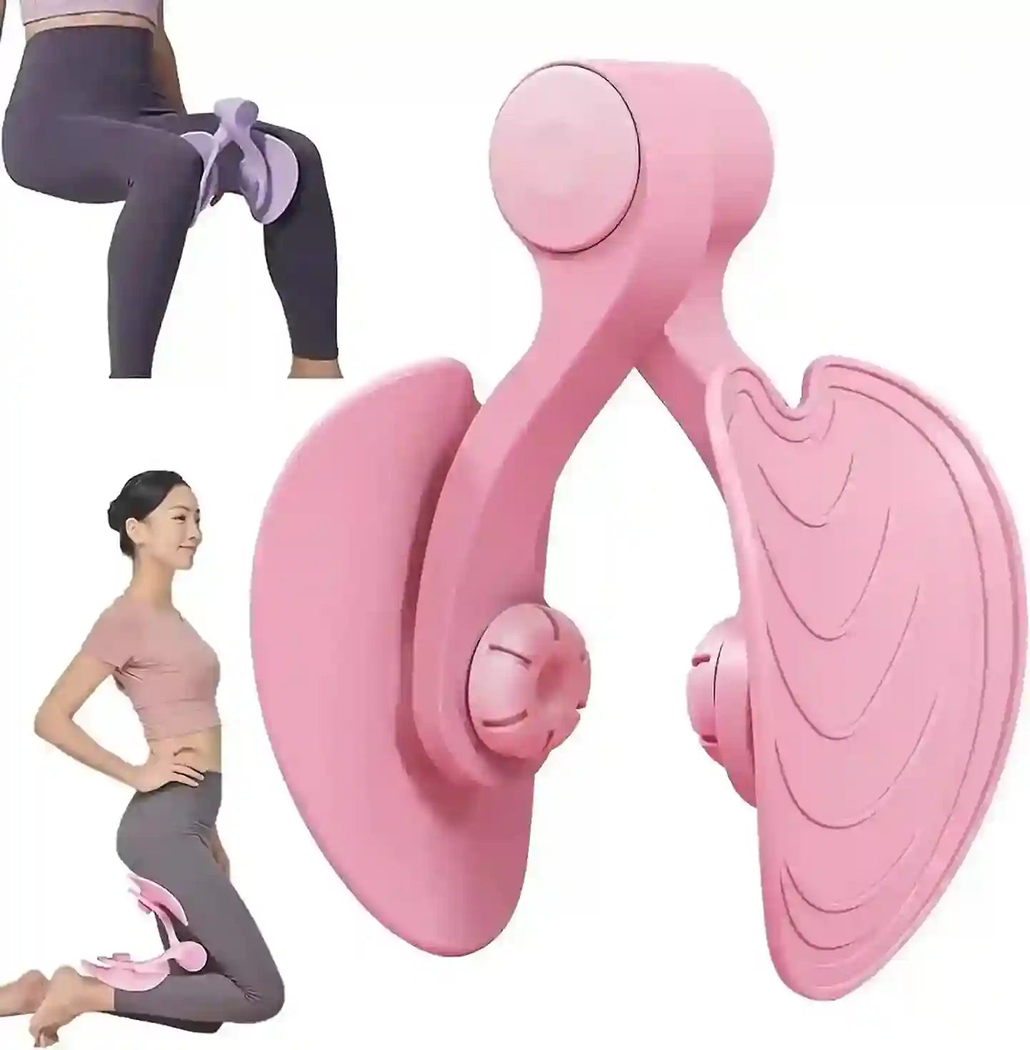 Pink leg exercise device with a person using it on a white background