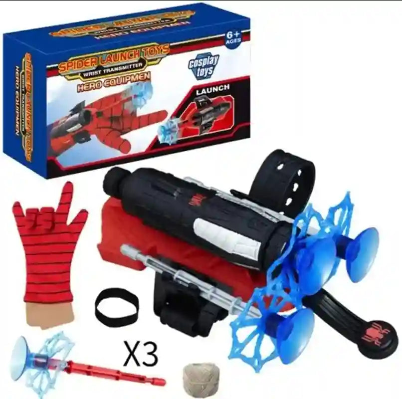 Toy set with spider-themed components including a gun, gloves, and webs, displayed in front of its packaging.