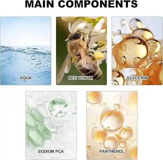 Main components of a product including water, bee venom, glycerin, sodium PCA, and panthenol.